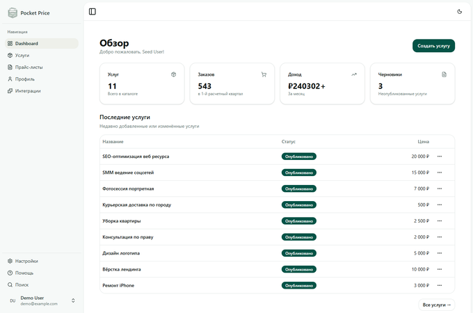 Pocket Price — панель управления